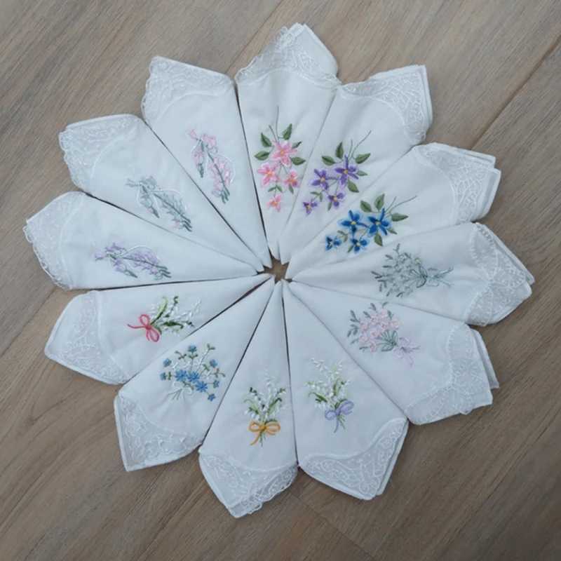 Cotton Ladies Handkerchiefs Vintage Floral Style Lace Edging Wedding Party Embroidery Women Girls Flower Hanky 28cm WholesaleX240921