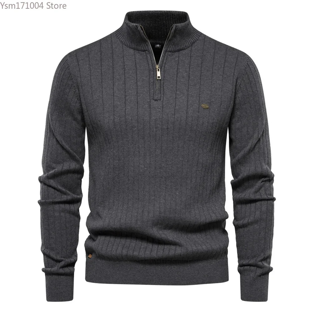 Autumn Winter New Men's Sweater Half High Neck Zipper Solid Long Sleeve British Fashion Casual Men Knit Pullover XXL