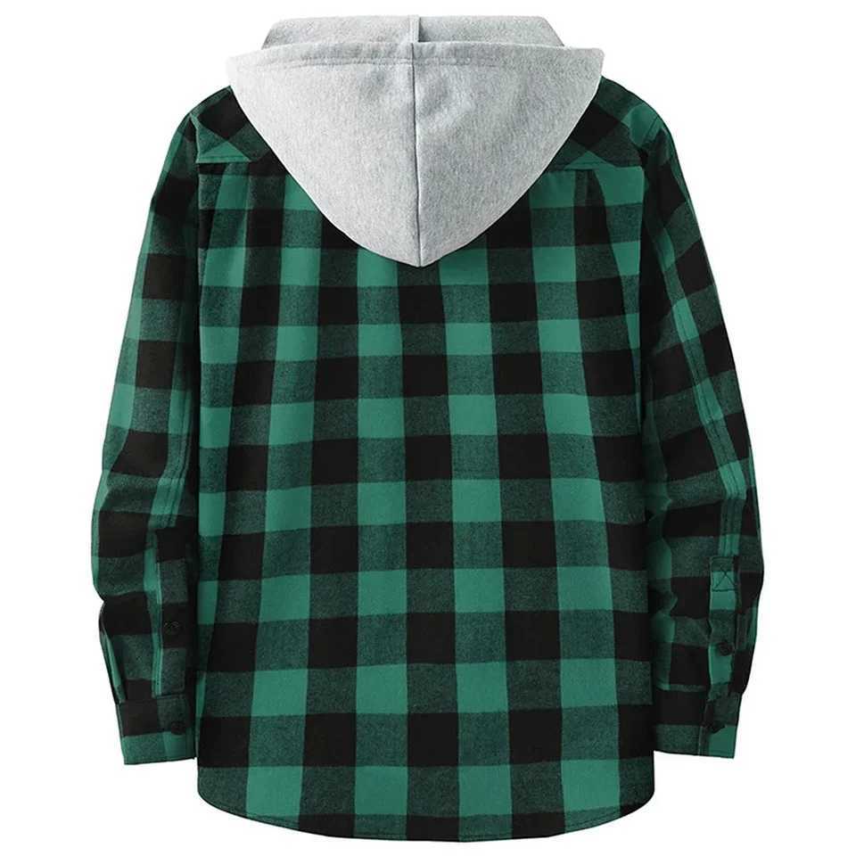 Men Plaid Long Sleeve Hooded Shirts Button Work Drawstring Casual Tops Cardigan Button Down Work Coat Tops Hoodie M240921