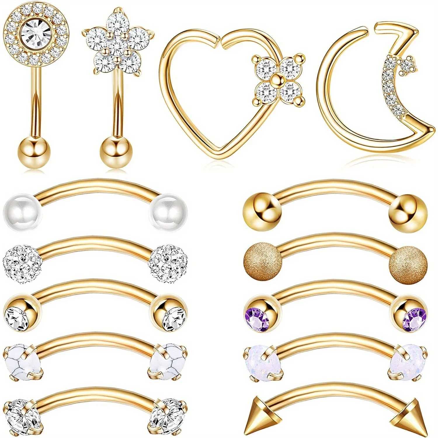 Drperfect Piercing Jewelry 16G Surgical Steel Curved Barbell Eyebrow Rings Lip Belly Button Piercing Heart Moon Earrings Y240921