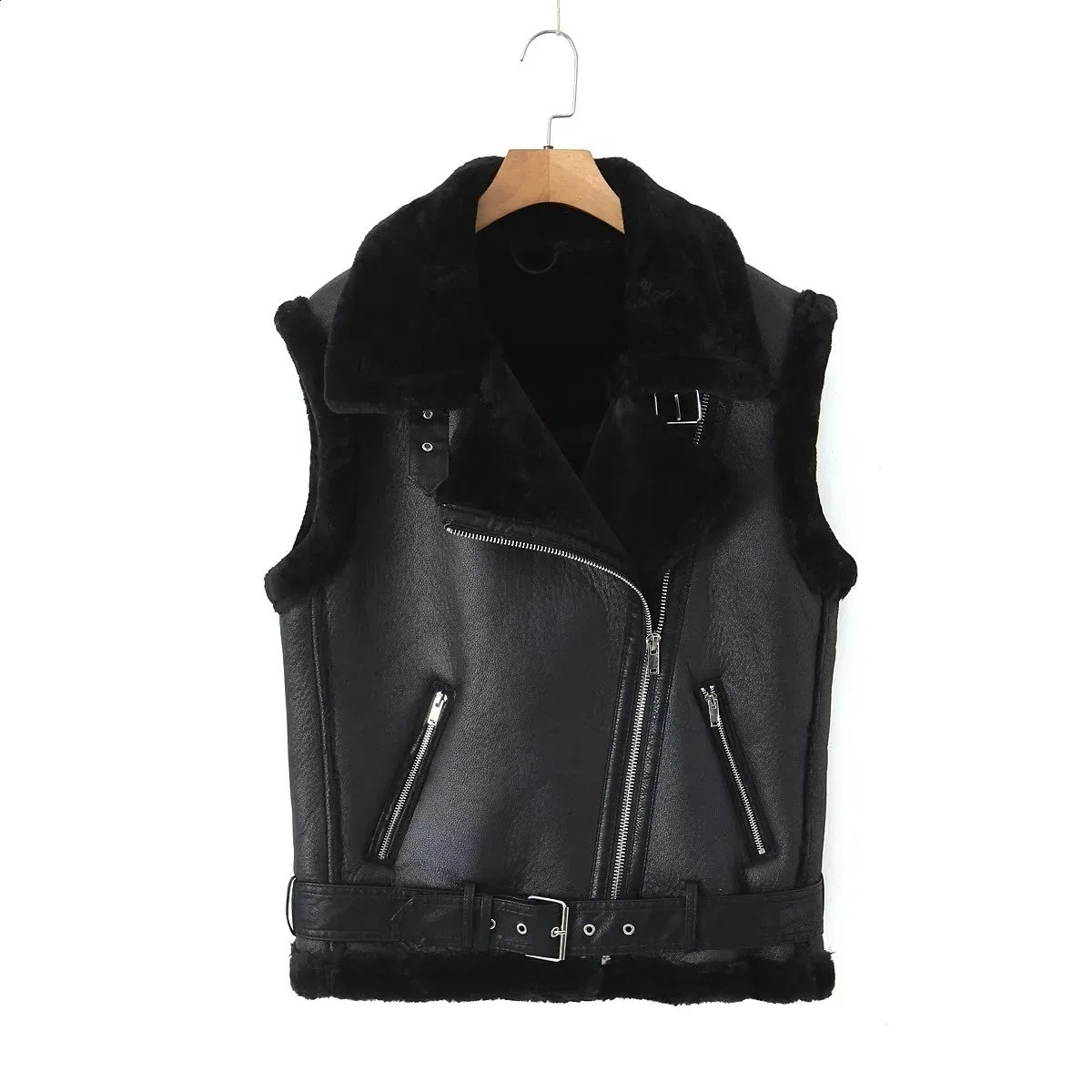 Y2K Autumn Winter Womens Sheepskin Vest Faux Suede Sleeveless Vest Coat Cotton Bomber Coat Female Fur Leather Jacket 240919