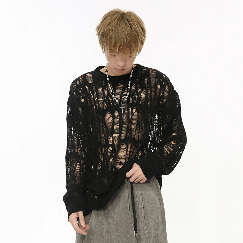 IEFB Nihce n mens sweater casual perforated round neck loose floral clothing autumn fashion 9C7312 240913