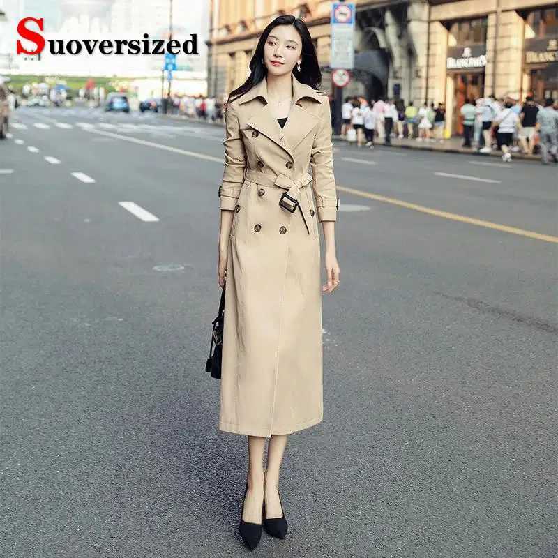 Korean Long Slim Double Breasted Trench Coats Casual Khaki Windbreaker Jackets Spring 5xl Gabardina Streetwear Womens CasacasX240921