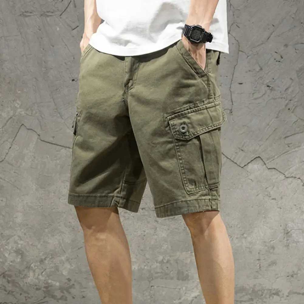 Multi Pockets Button Flying Summer Shorts Mid Rise Solid Color Straight Cargo Shorts StreetwearX240921