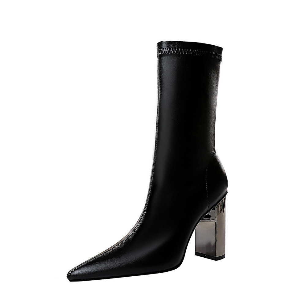 CMM Fashion Thin Boots Metal Thick Heel High Heel Pointed Sexy Nightclub Show Thin Winter Boots