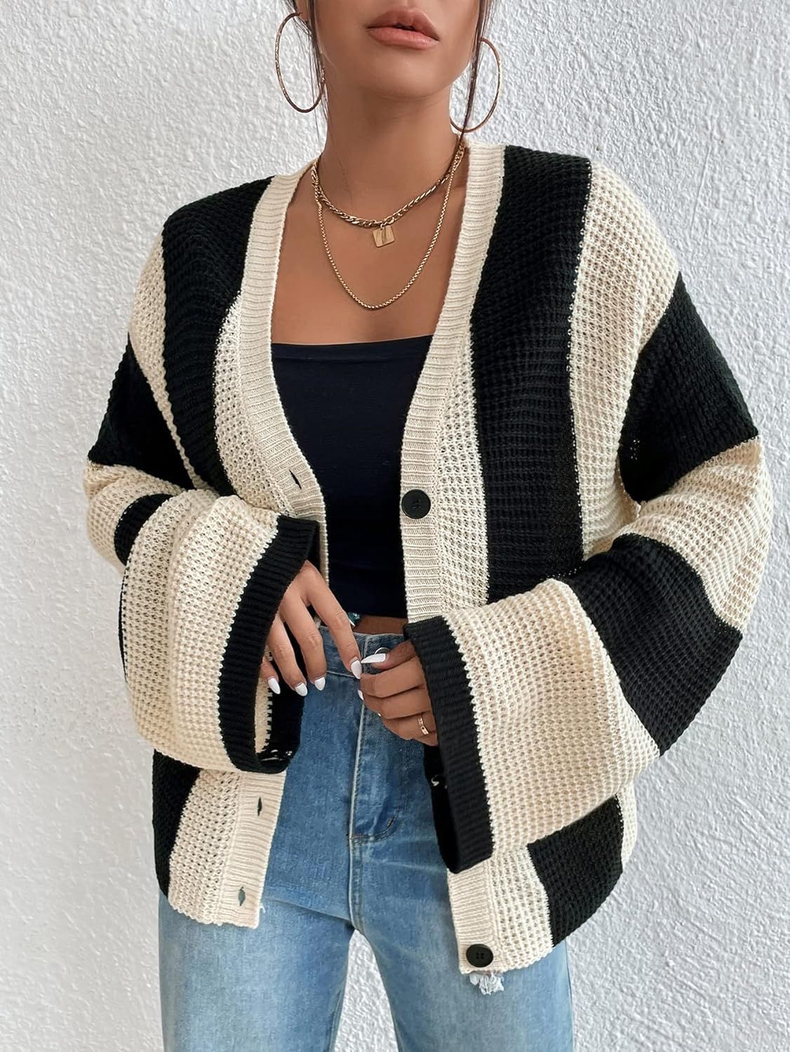 European and American fashion new autumn and winter women's clothing striped contrasting trumpet sleeve knitted cardigan loose sweater jacket