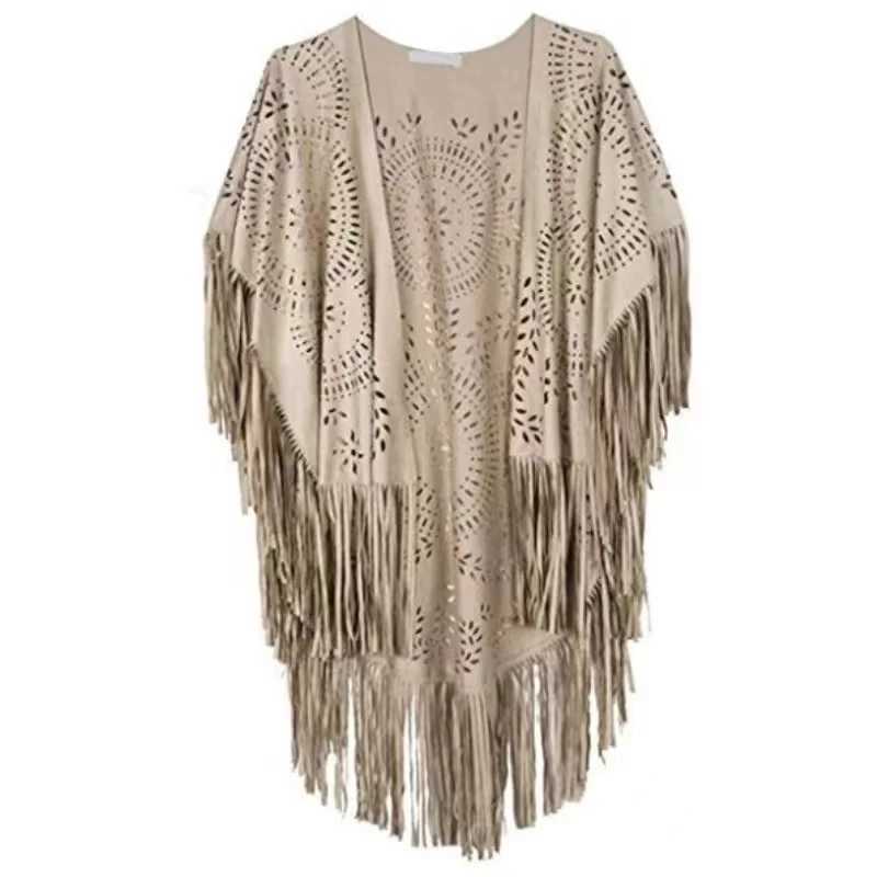 Camel suede flower hollow edge tassel shawl womens retro shawl raincoat autumn bohemian open cape bohemian shawl W240921