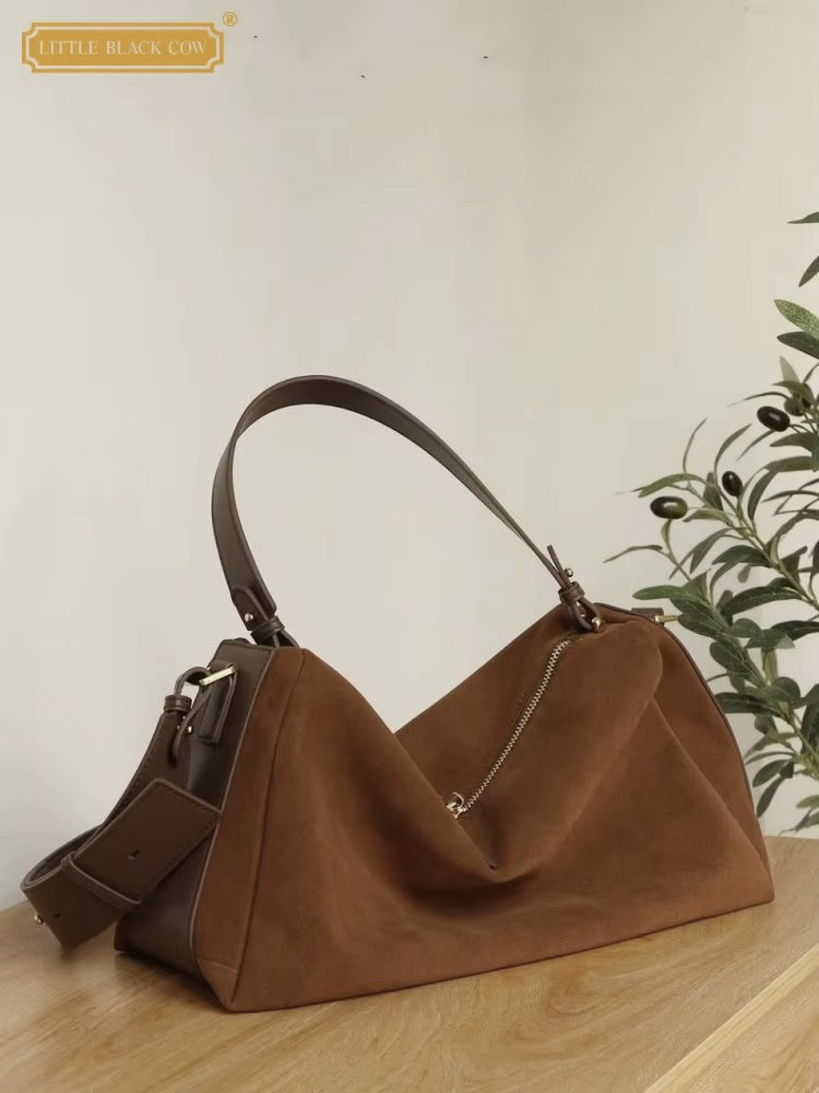 Autumn Office Ladies Vintage Single Shoulder Zip High Capacity Soft Suede Genuine Leather Pillow Bag Women Crossbody Bags