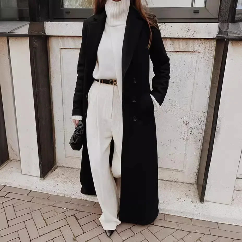Long sleeved loose button autumn solid color ankle long wool blend coat trench womens fashion 240918