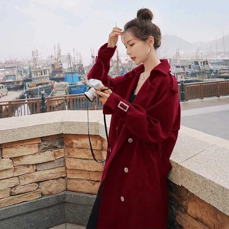 Vintage Wine Red Elegant Mid-length Double Breasted Trench Coat With Sashes Women Dark Blue Khaki Black Coat Loose Casual AutumnX240921