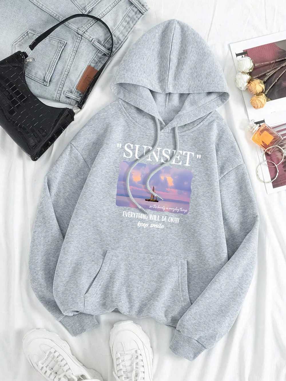 Sunset Everything Will Be Okay Keep Smile Hoodie Mens Harajuku Super Large Street Clothing Casual Hoodie Autumn Wool Pulling Flower W240921