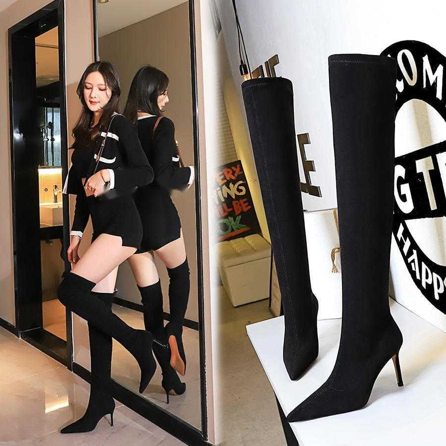 CMM Winter Fashion Simple Thin Heel High Heel Slender Slim Tapered Suede Knee High Boots