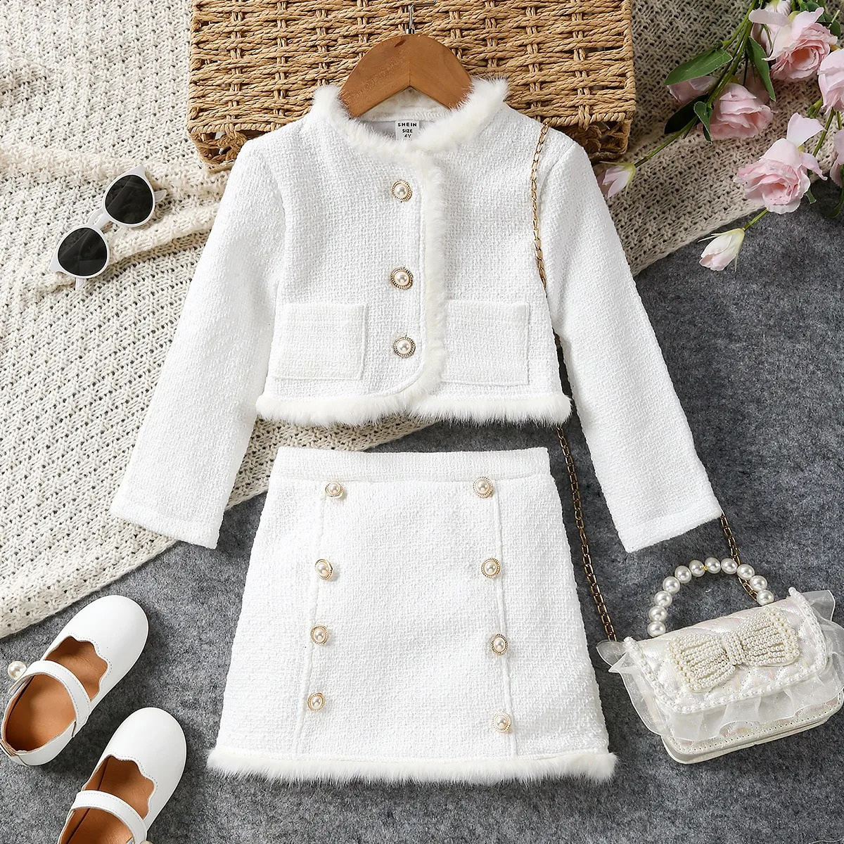 4-7Y Girls fashion 2-piece Japanese Korean Style Princess Style Small Fragrance Style Thickened stuffed Pocket Coat with Skirt Party Suit 240920