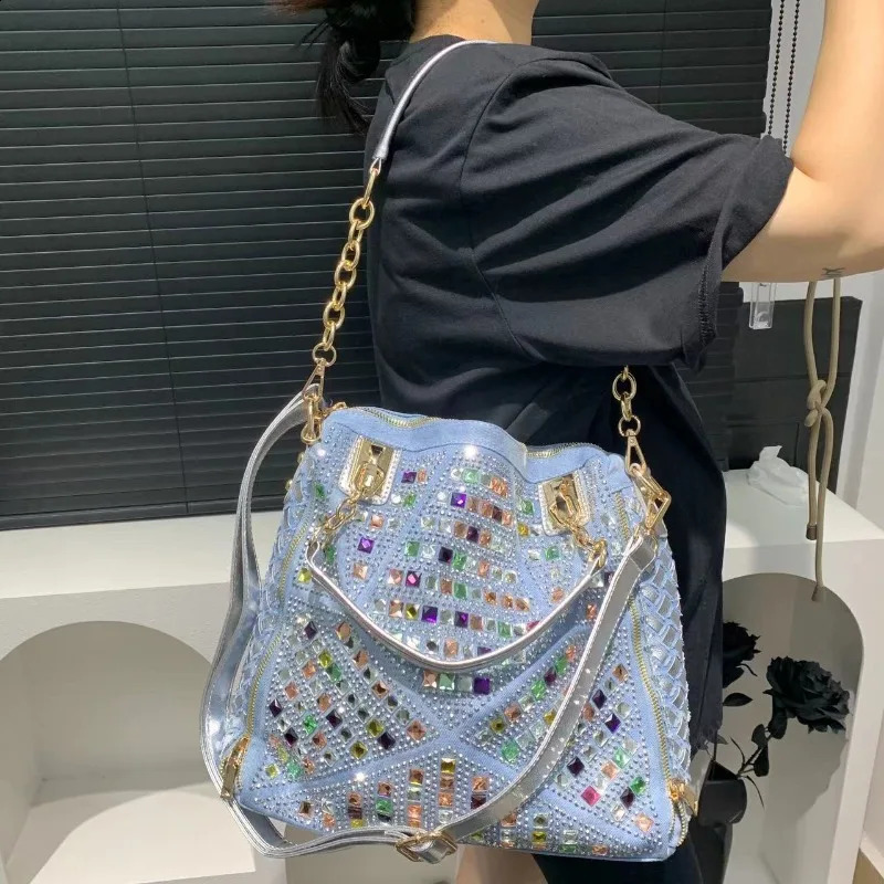 Womens fashionable denim woven handbag with large capacity diamond shoulder bag 240919