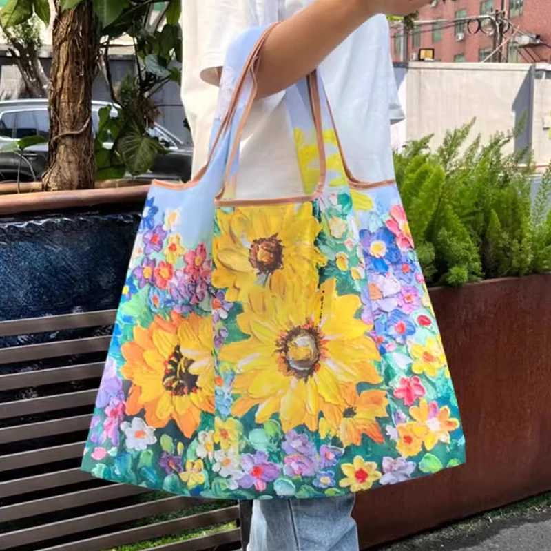 New Fashion Bag Foldable Shopping Bag Reusable Grocery Storage Bag Nylon Portable Shoulder Handbag Travel Tote Bag Z250224