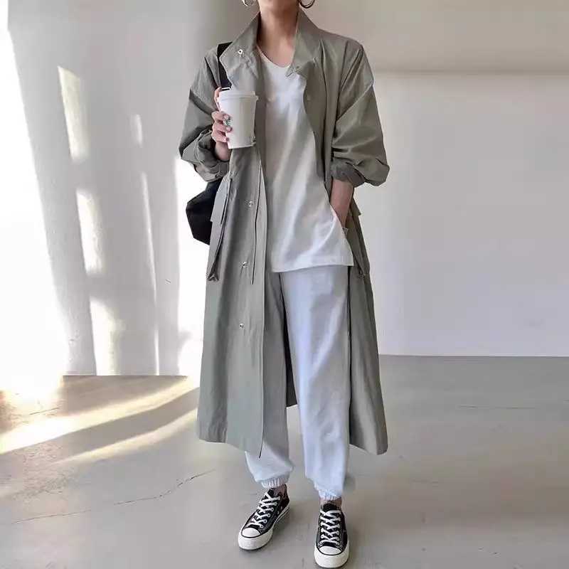 Trench Coat For Women Korean Style Long 2024 Autumn Retro Stand Up Collar Large Pockets Loose Casual Zipper Windbreaker K2368X240921