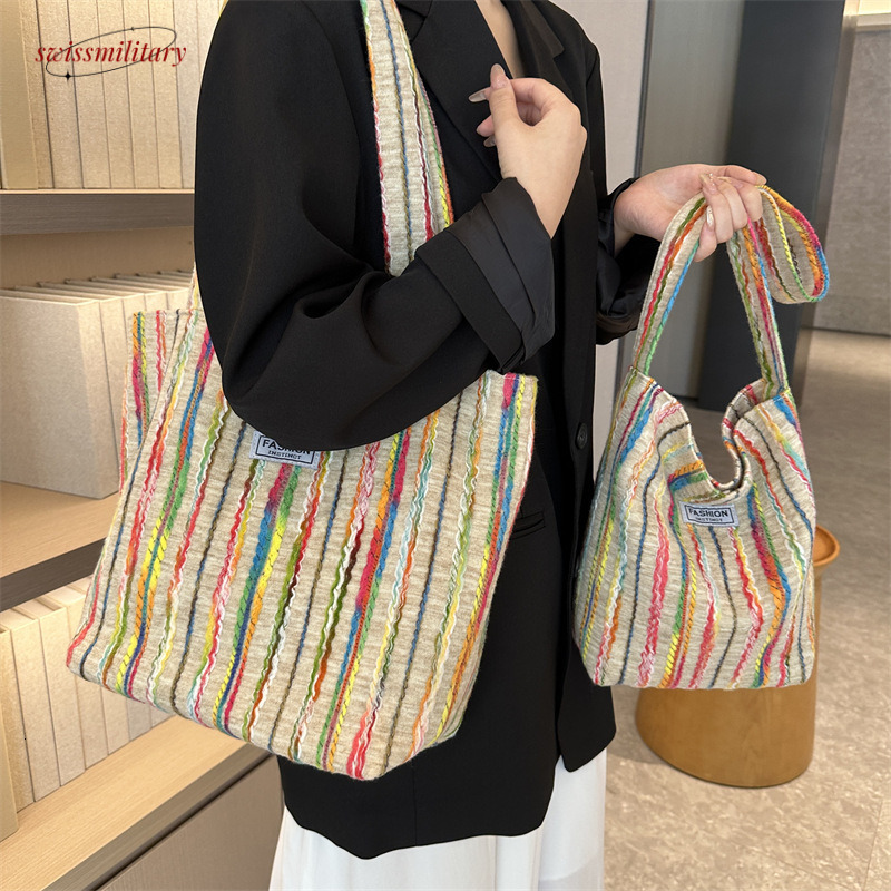 Single shoulder for women, large capacity Korean version ins embroidery rainbow stripe commuting canvas bag, summer tote bag #26 Swissmilitary
