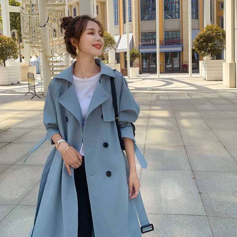 British Style Long Trench Coats Classic Double Breasted Windbreaker Elegant Womens Loose Overcoats Korean Fashion Blue GabardinaX240921