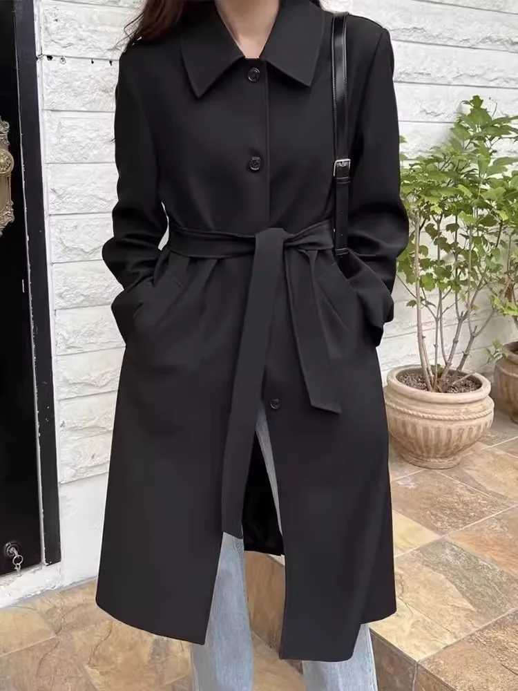 Autumn Winter Single Breasted Lace Up High Waist Cinched Long Windbreaker Coat Womens TrenchX240921
