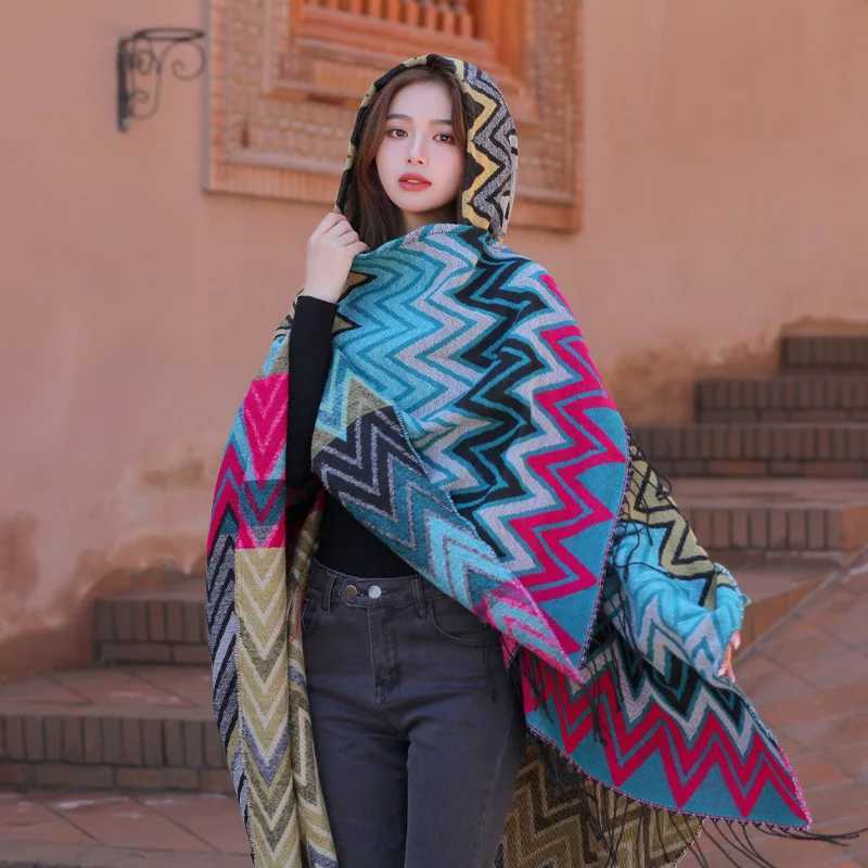 WeHello autumn and winter new shawl women imitate cashmere warm bohemian ethnic style hat cloak travel style W240921