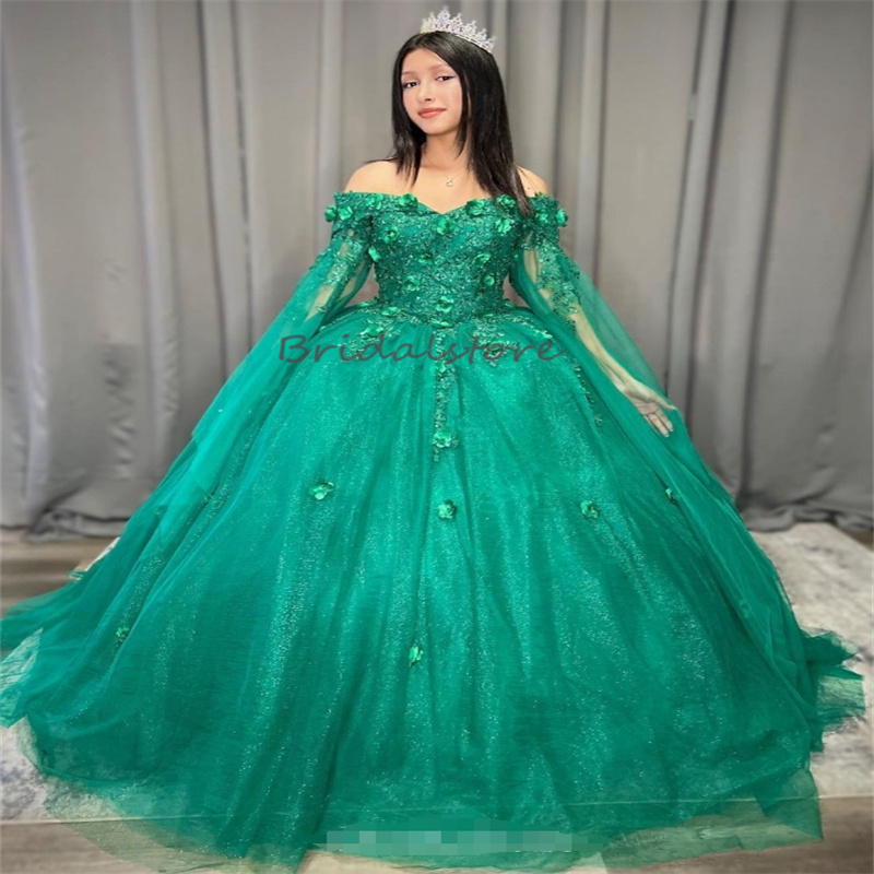 Sparkly Green Quinceanera Dresses 2025 Cape Sleeves 3D Florals Vestido 15 Quinceaneras Baratos Princess Sixteen Birthday Partry Vestidos De Xv Charmin