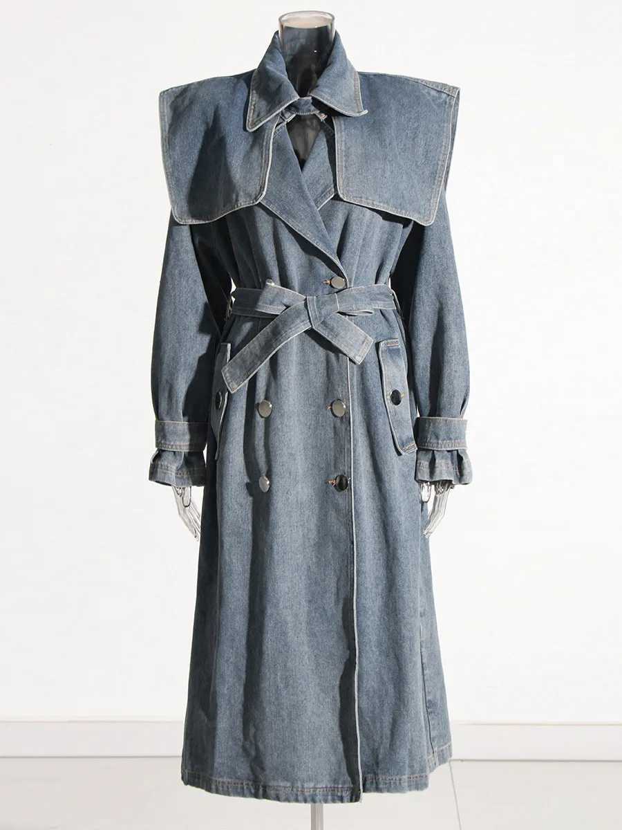 womens vintage lace up lapel long denim trench coat double breasted waisted slim mid length denim jacketX240921