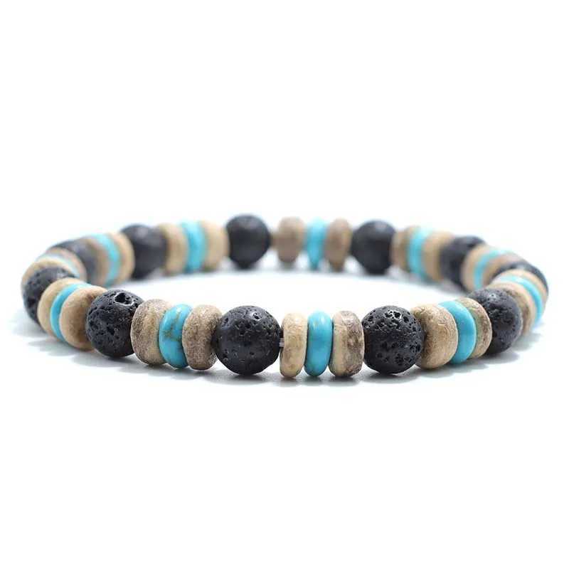 Vintage Wood Beaded Bracelet Mens Natural Lava Obsidian Stone Braslet Yoga Meditation Prayer Jewelry Tiger Eye Braclet HommeX240921