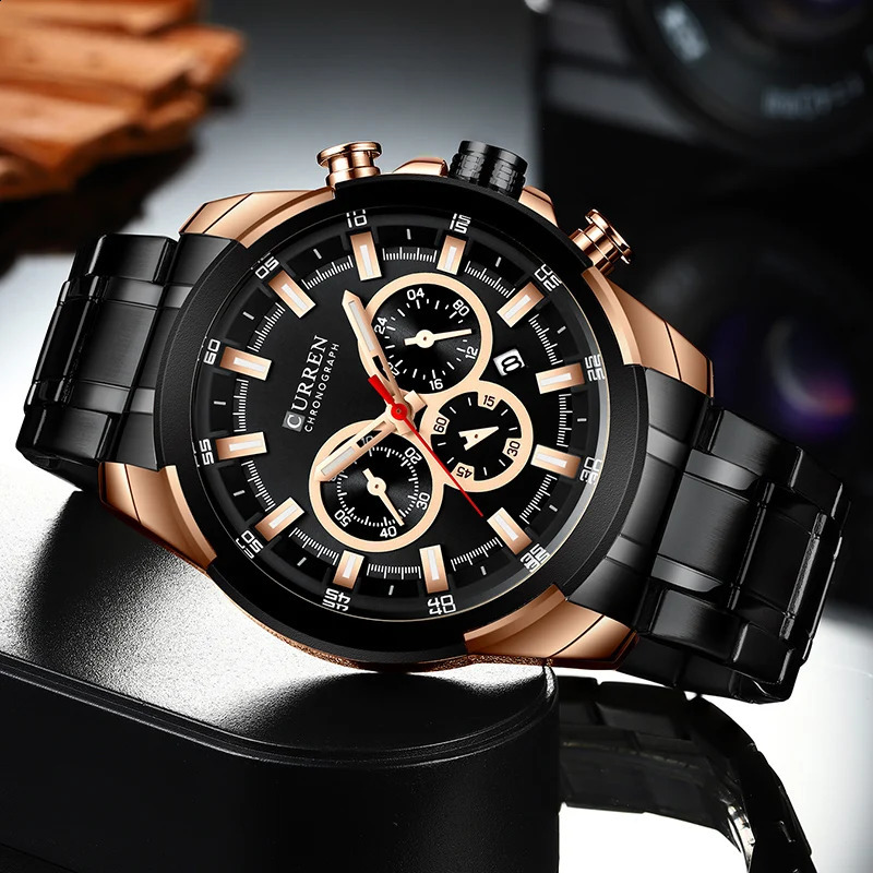 CURREN Mens Watches Top Big Sport Watch Men Military Steel Quartz Wrist Chronograph Gold n Male Clock 240919