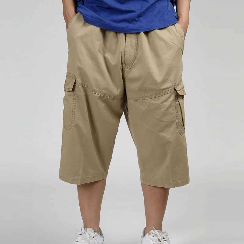 2023 Men Summer Multi-Pocket Baggy Cargo Cotton Calf Length Pants Casual Trouser Male Large Solid Color Shorts Plus Size Xl-6XlX240921