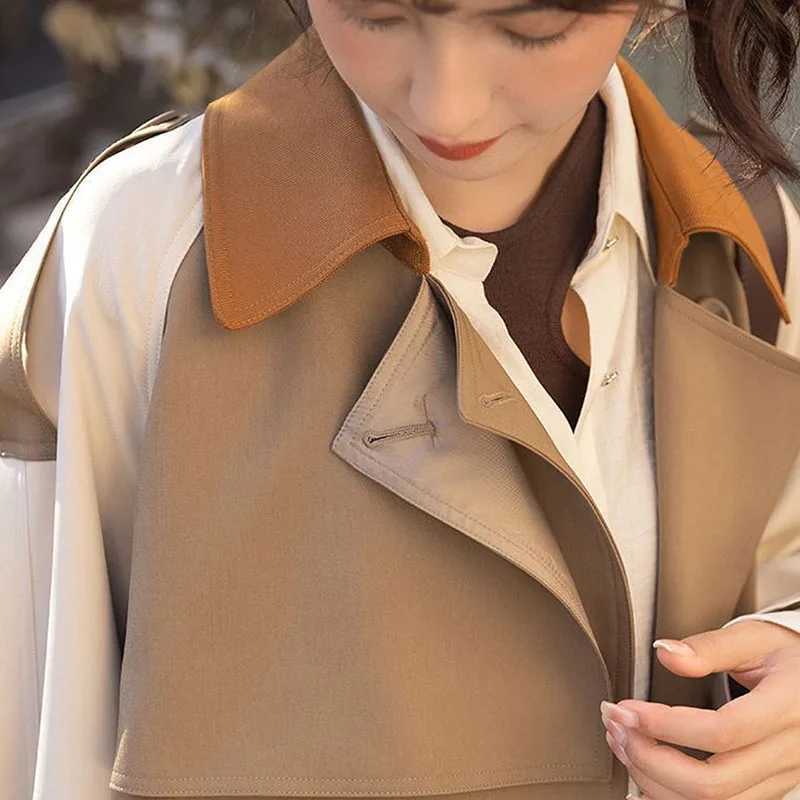 Mid-length Khaki Trench Coat With Belt Contrast Color Splicing Lapel Long Sleeve Casual Double-breasted Spring Women WindbreakerX240921