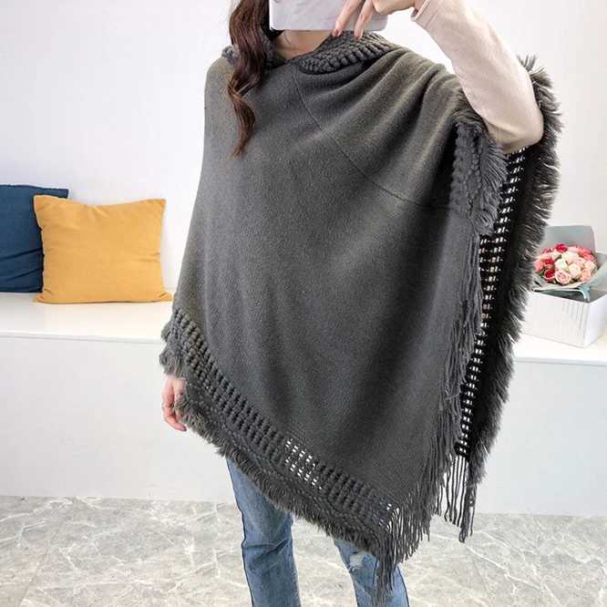 Spring/Summer New Womens Winter Knitted Hoodie Raincoat Corner Hook Weaving Tassel Shawl Bag Sweater Hoodie for Girls Warm Khaki W240921