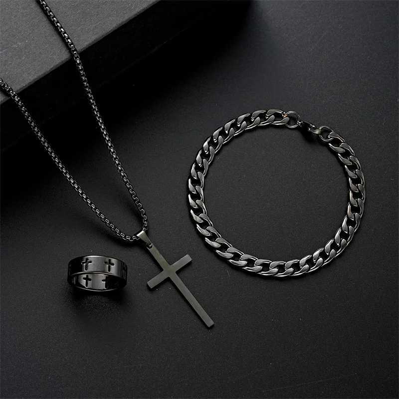Black titanium steel cross pendant necklace suitable for men women minimalist men women necklace box chain necklace party jewelry set W240918
