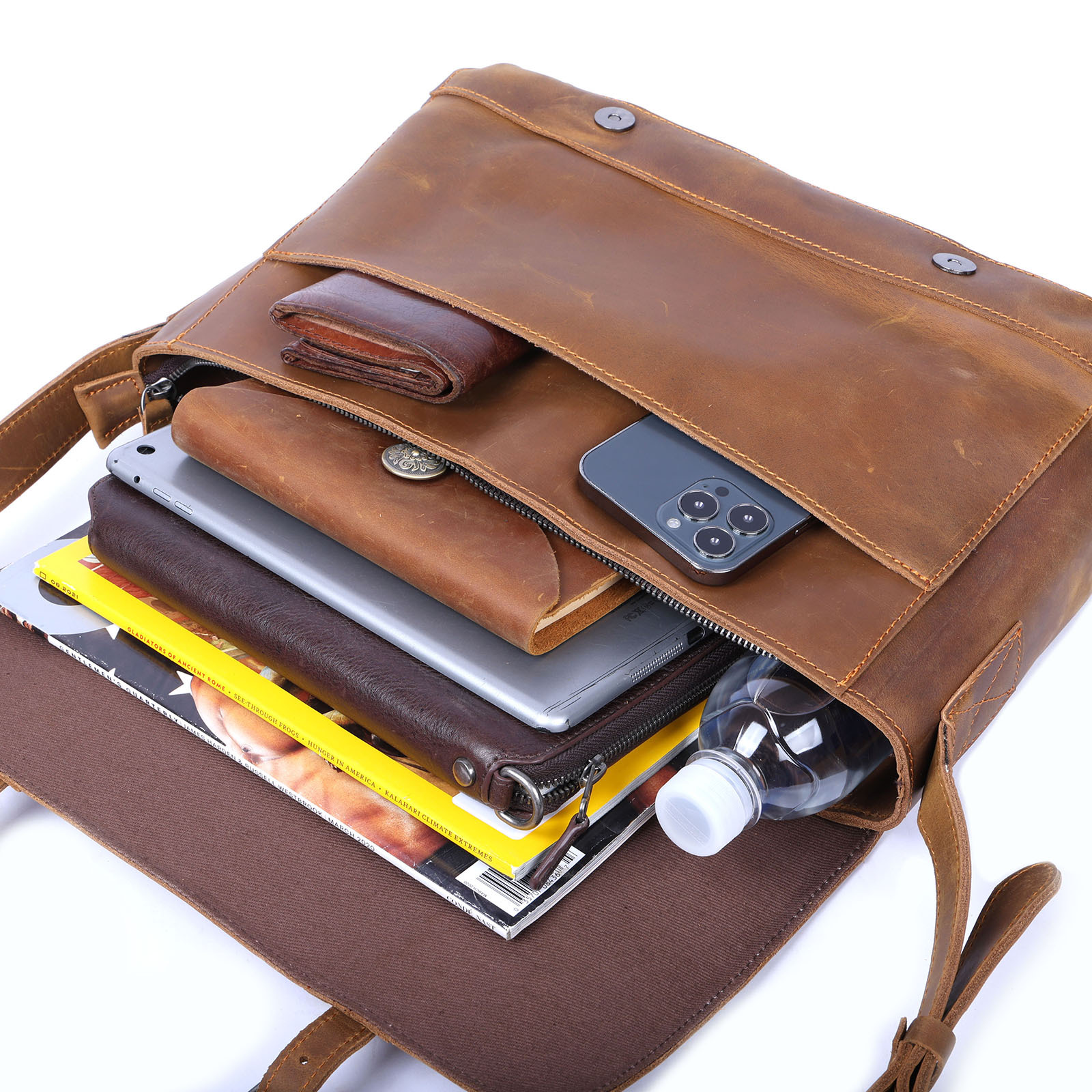 Vintage Genuine 13" Messenger Men's Crossbody Bags Crazy Horse Leather Shoulder Bag Women's Cowhide Retro Casual Pre