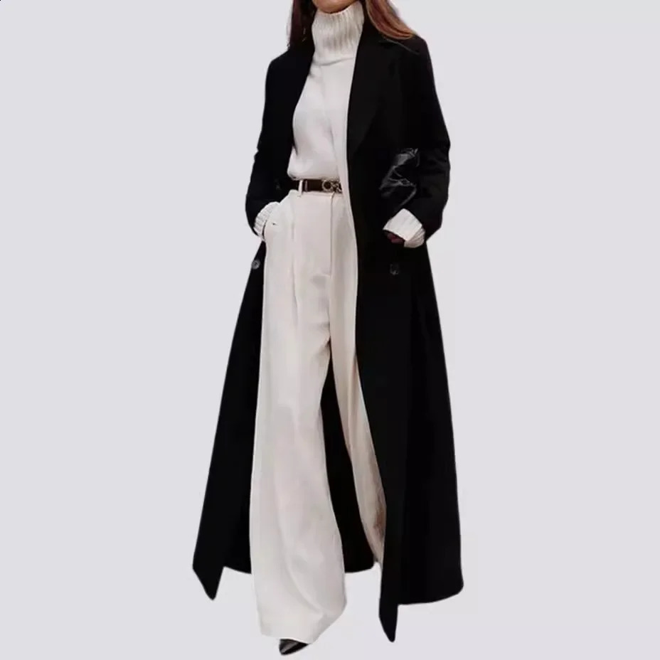 Long sleeved loose button autumn solid color ankle long wool blend coat trench womens fashion 240918