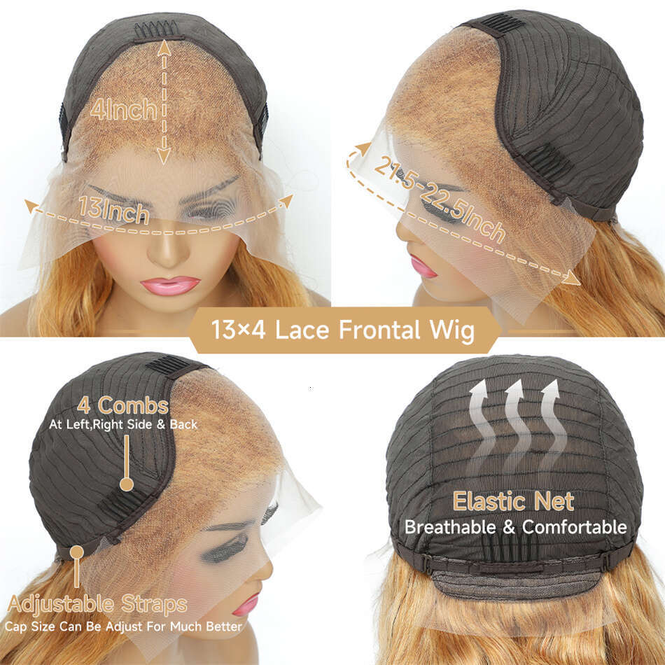 13x4 Transparent Honey Blonde 27# Colored Straight Lace Front 32 Inch Body Wave Human Hair Wigs