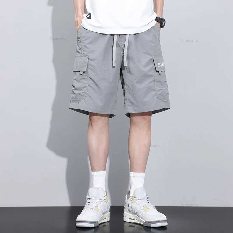 Summer Ultra-thin Quick-drying Mens Shorts Elastic Waist Ice Silk Loose Large Pocket Cargo Knee-length Pants Green Black GreyX240921