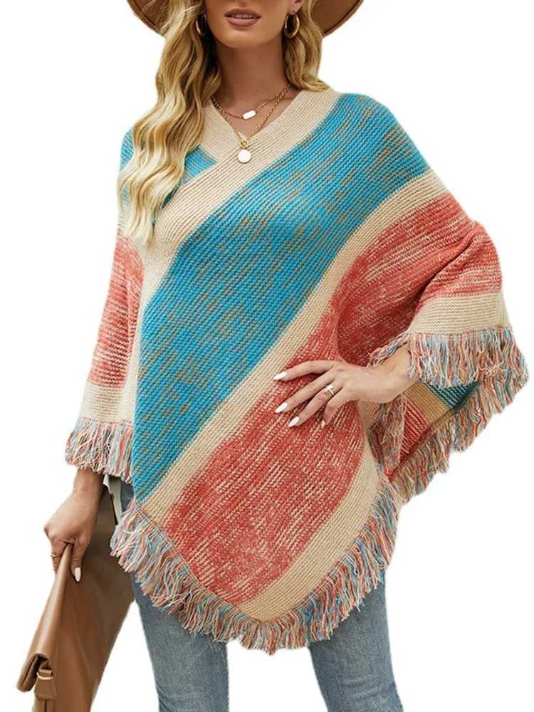 Autumn and Winter Batwing Sleeve Rainbow Stripe Raincoat Womens Fashion Sweater Cloak 2023 New Lanhua Shawl Womens Tassel Corner W240921