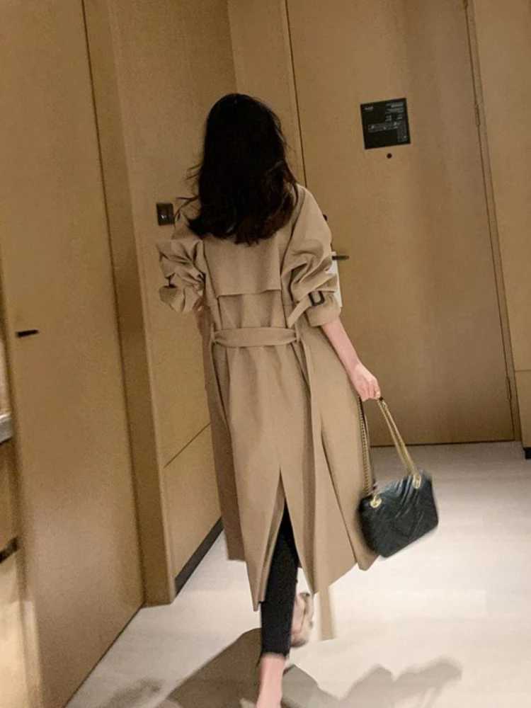 Lapel Women Trench Coat Topcoat Double-breasted Casual Coat Pure Color Autumn Winter Overgarment Waistband Windbreak JacketX240921