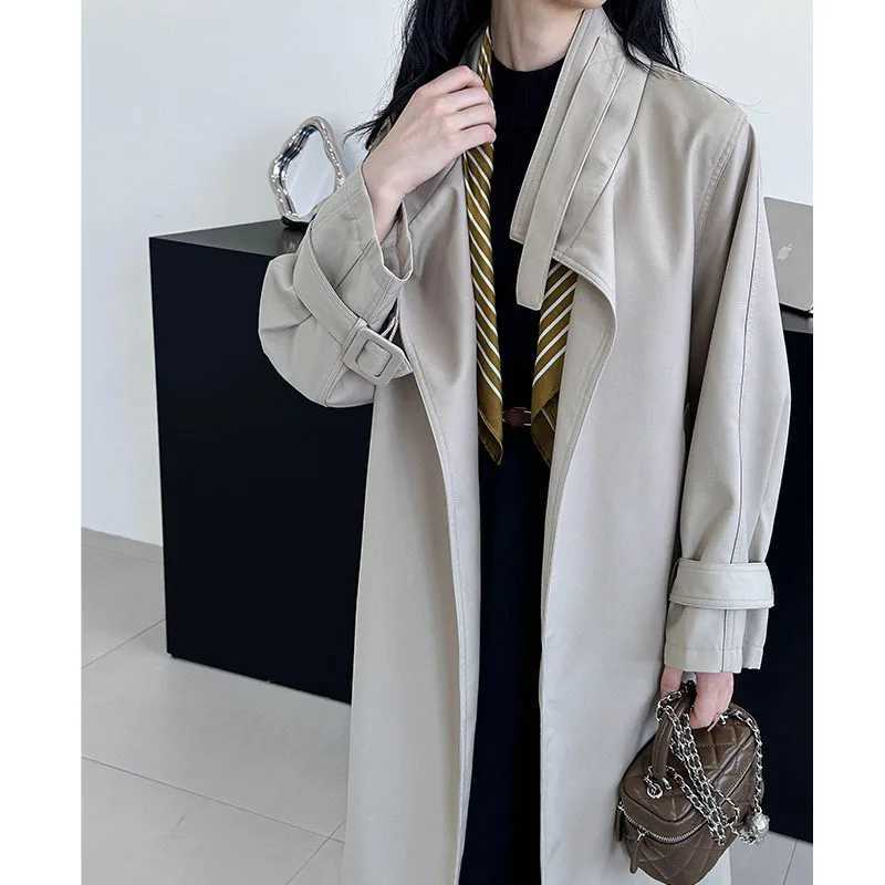 2024 Fashion Women Long Trench Coat With Belt Khaki Color Casual Loose Women Coat Trench Femme Casaco AbrigoX240921