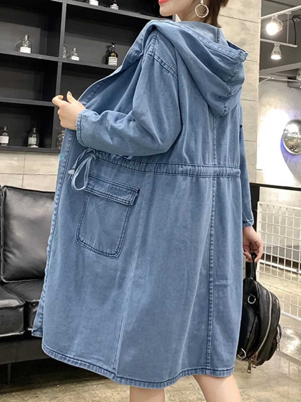 Hooded Jacket Jean Woman Cloak Denim Windbreaker Spring Autumn New Denim Jacket Female Long Loose CoatX240921