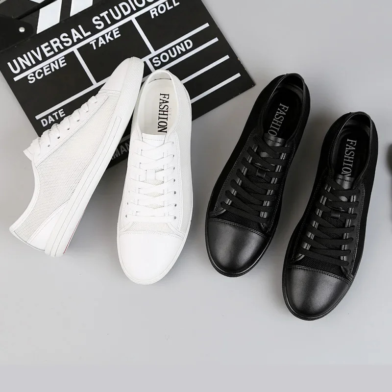 Lightweight Genuine Leather Mens Flats shoes Leisure Trend Korean Version Solid black White summer breathable Men Casual Shoes 240914