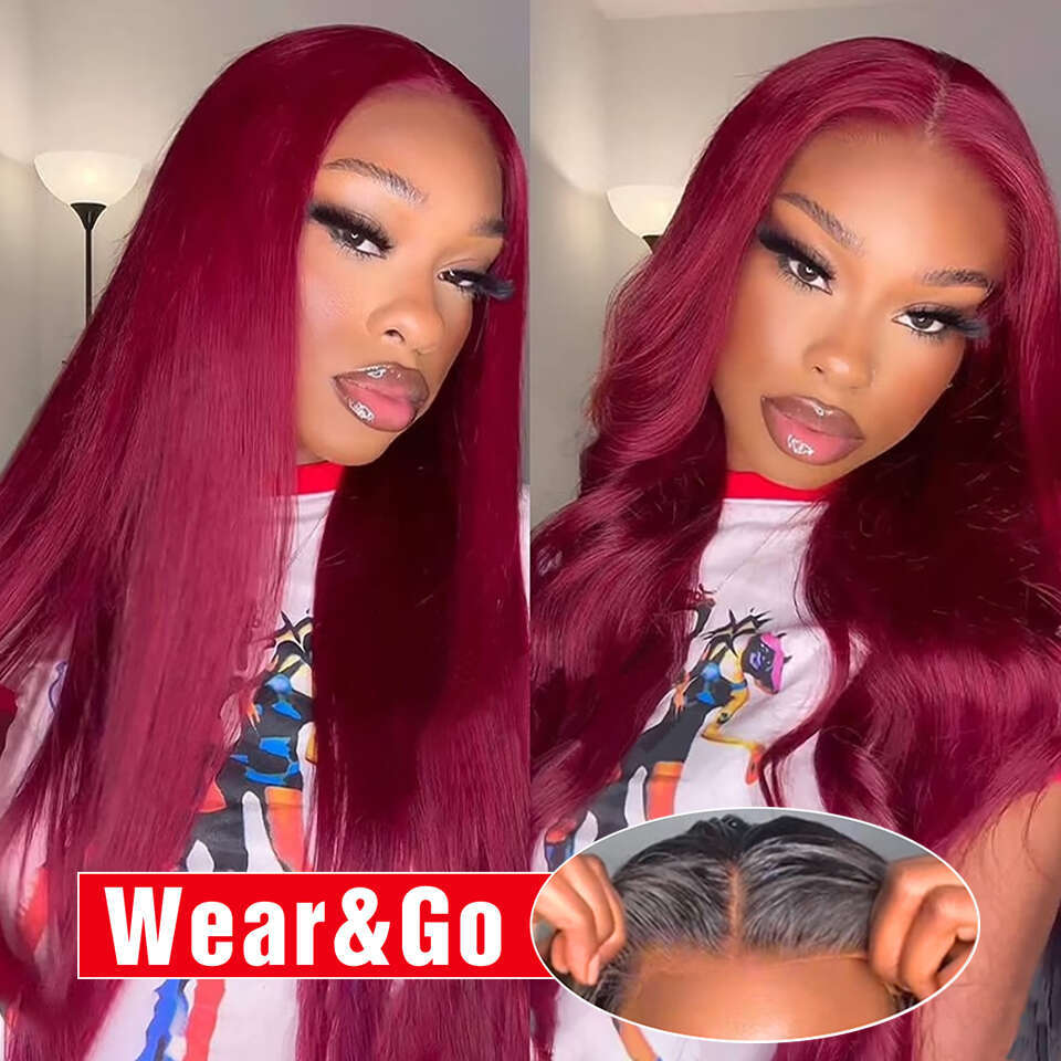 Bury Glueless Wig Ready To Wear And Go Preplucked Straight 99J Red Colored HD Lace Wigs For Women 100% Human Hair