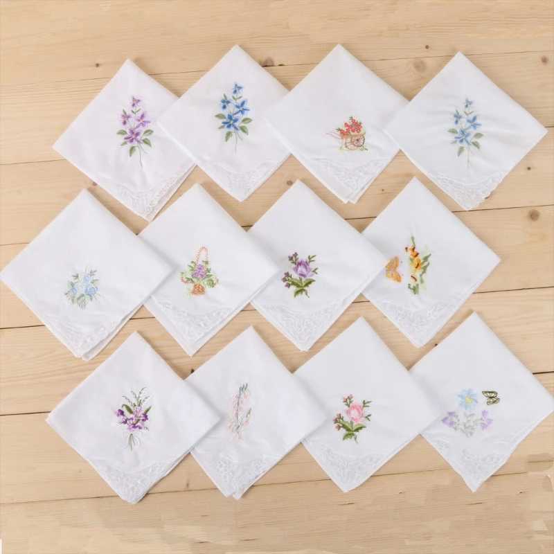 Cotton Ladies Handkerchiefs Vintage Floral Style Lace Edging Wedding Party Embroidery Women Girls Flower Hanky 28cm WholesaleX240921