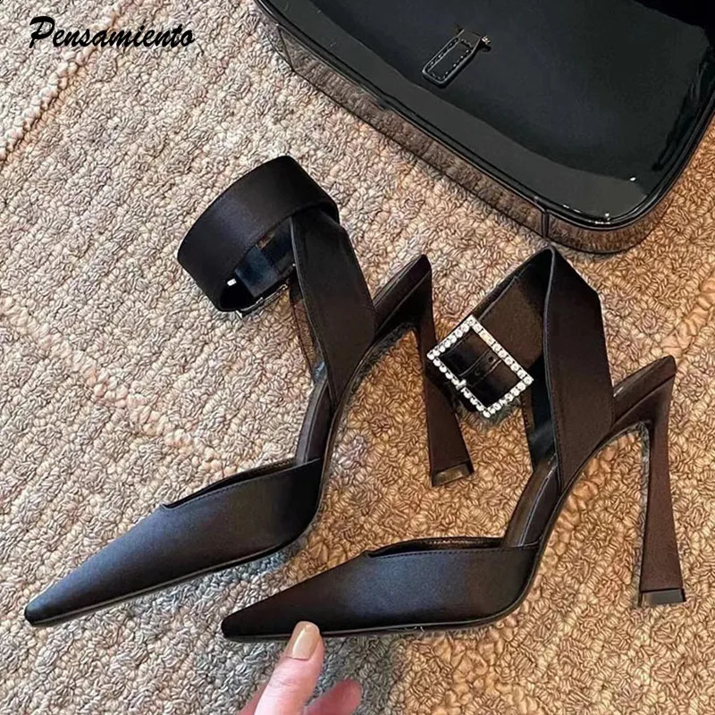 Star style satin rhinestone square buckle womens pump sexy ankle strap suspender summer high heels celebrity dance shoes 240919