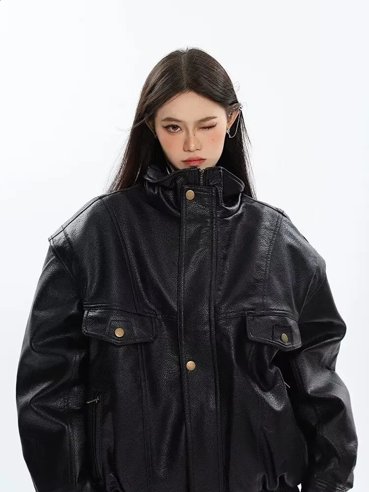 Thick black Pu leather jacket for womens bomber in spring and autumn oversized windproof zipper er motorcycle unisex 240921