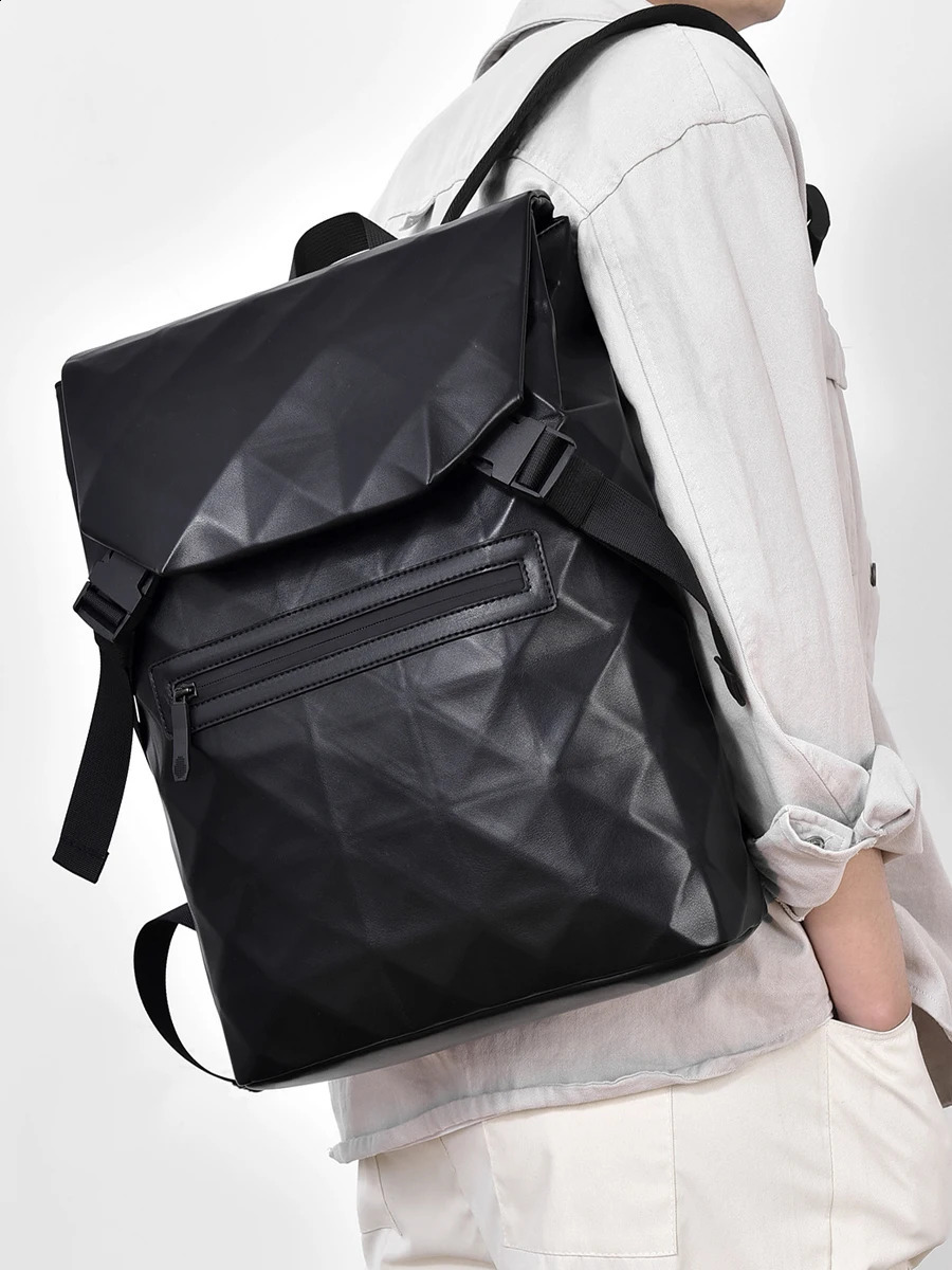 Laptop bag PU leather diamond shaped mens casual backpack waterproof business travel large capacity 240919