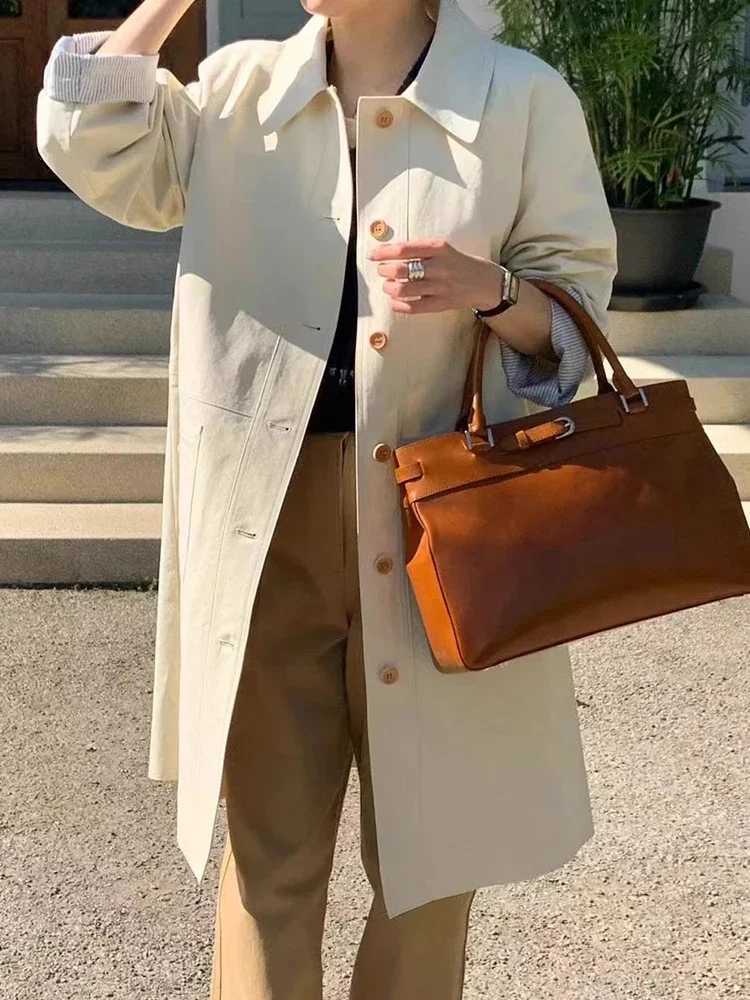 Gagarich Korean Chic Autumn Retro Simple Single Breasted Large Pocket Loose Casual Mid To Long Sleeved Trench Coat WomenX240921