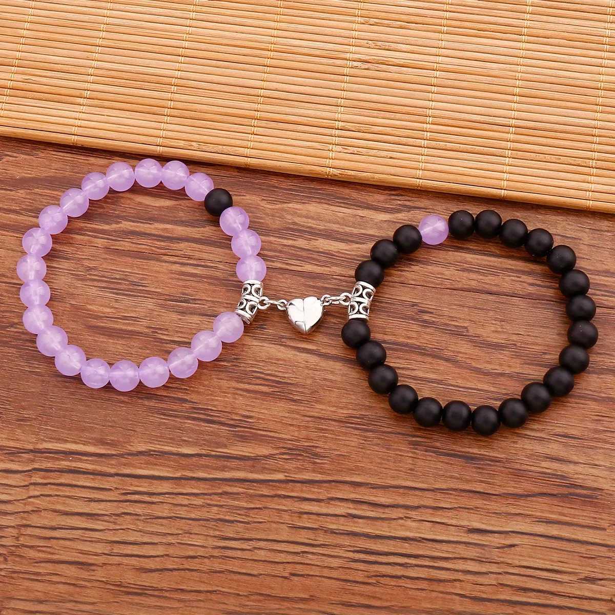 Love Heart Magnetic Beaded Bracelet Set 2 Pcs Stretchable Hand Jewelry For Best Friend/ CouplesX240921