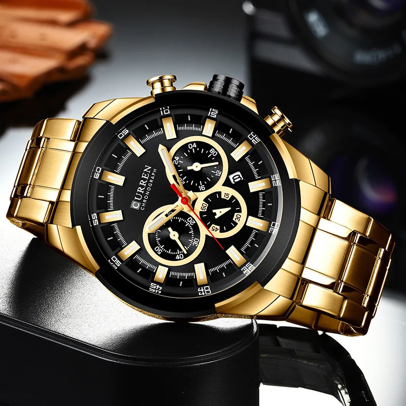 CURREN Mens Watches Top Big Sport Watch Men Military Steel Quartz Wrist Chronograph Gold n Male Clock 240919