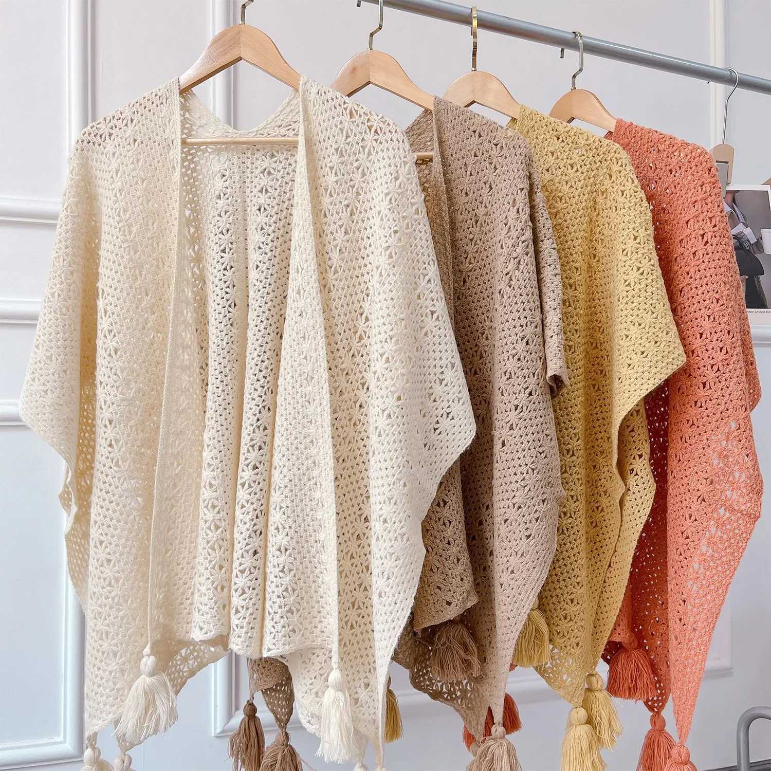Raincoat ethnic style travel holiday coat photography knitted tassel split style shawl womens shawl womens spring coat W240921